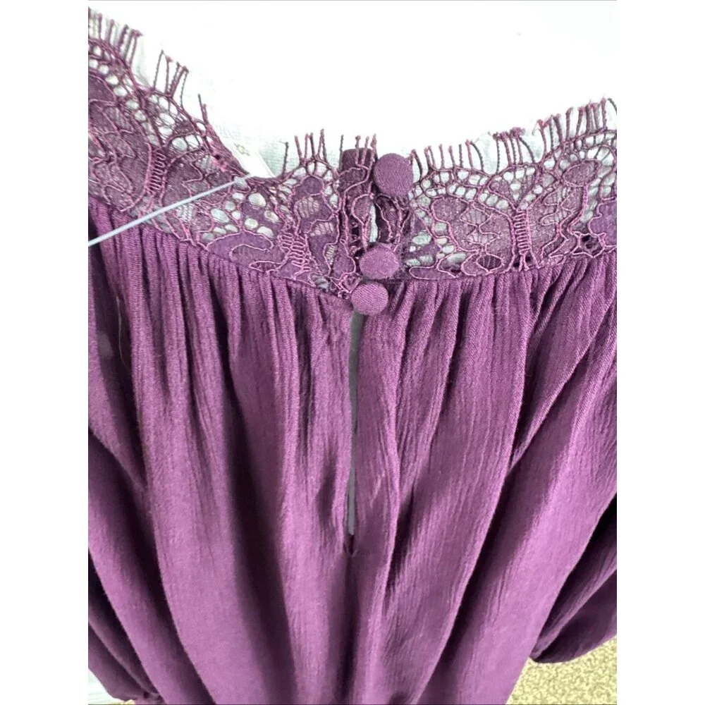 Free People Women M Oversized Square Neck‎ Lace Crepe Blouse Purple NWOT